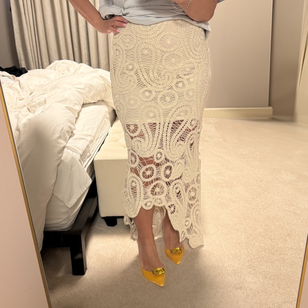 NWT Zara Gorgeous Cream Macramé Lace Resort Sheer Midi Skirt Medium
